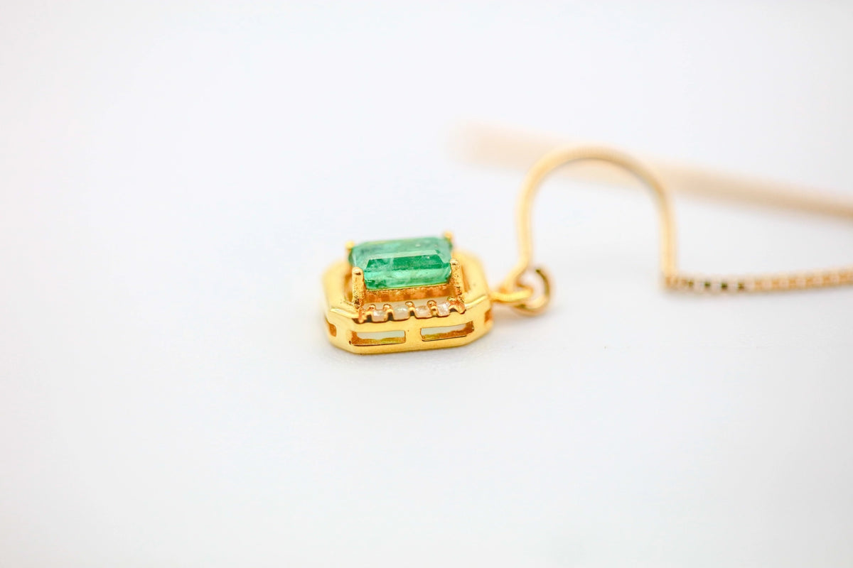 Colombian Emerald Diamond Halo Threader Earrings in Gold Vermeil – view 6