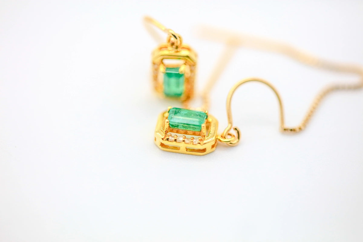 Colombian Emerald Diamond Halo Threader Earrings in Gold Vermeil – view 7