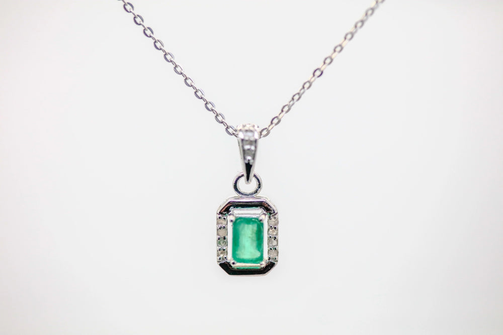 Colombian Emerald Diamond Halo Pendant in Sterling Silver by Made Design Jewelry