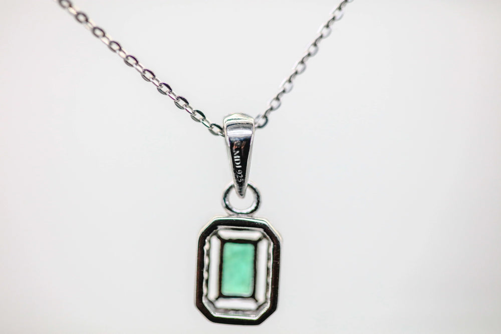 Colombian Emerald Diamond Halo Pendant in Sterling Silver – view 2