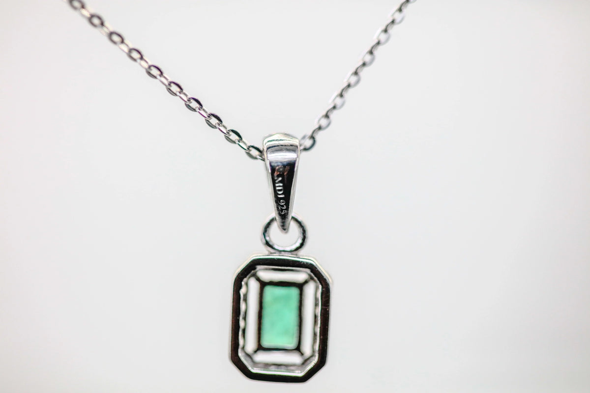 Colombian Emerald Diamond Halo Pendant in Sterling Silver – view 2