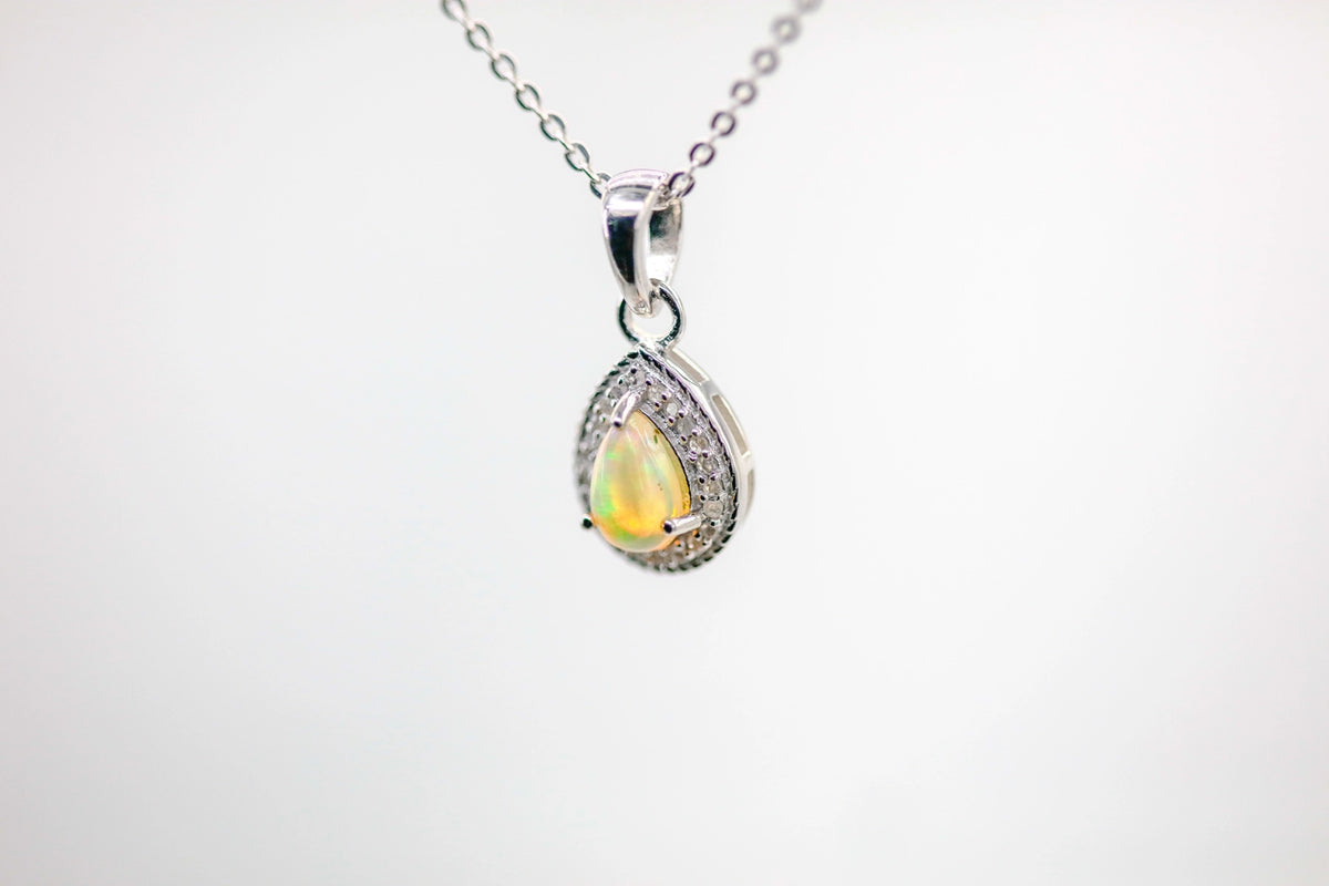 Opal Diamond Halo Pendant in Sterling Silver – view 2