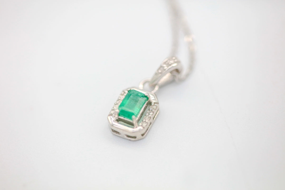 Colombian Emerald Diamond Halo Pendant in Sterling Silver – view 4