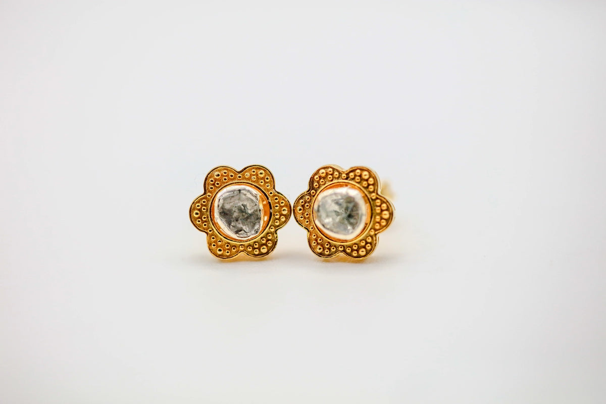 Natural Diamond Slice Flower Stud Earrings in Gold Vermeil by Made Design Jewelry