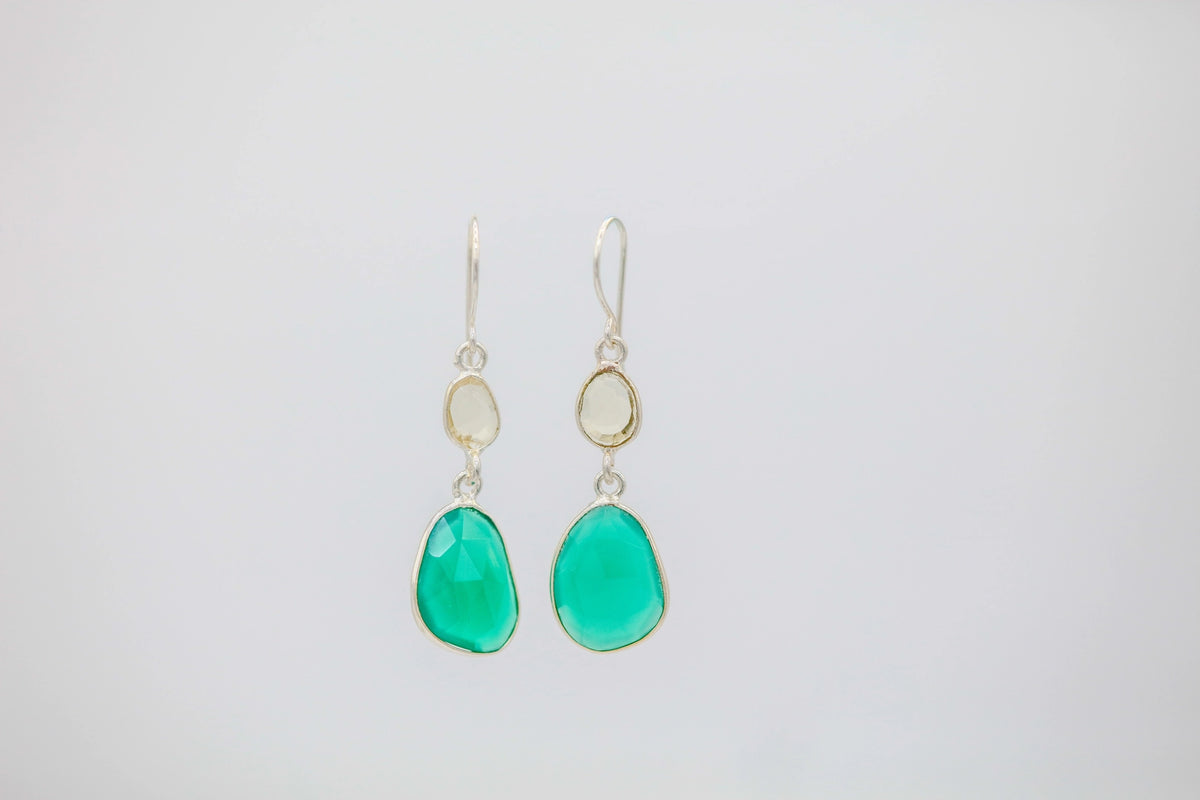 Crystal Quartz & Green Onyx Slim Drop Earrings by Made Design Jewelry