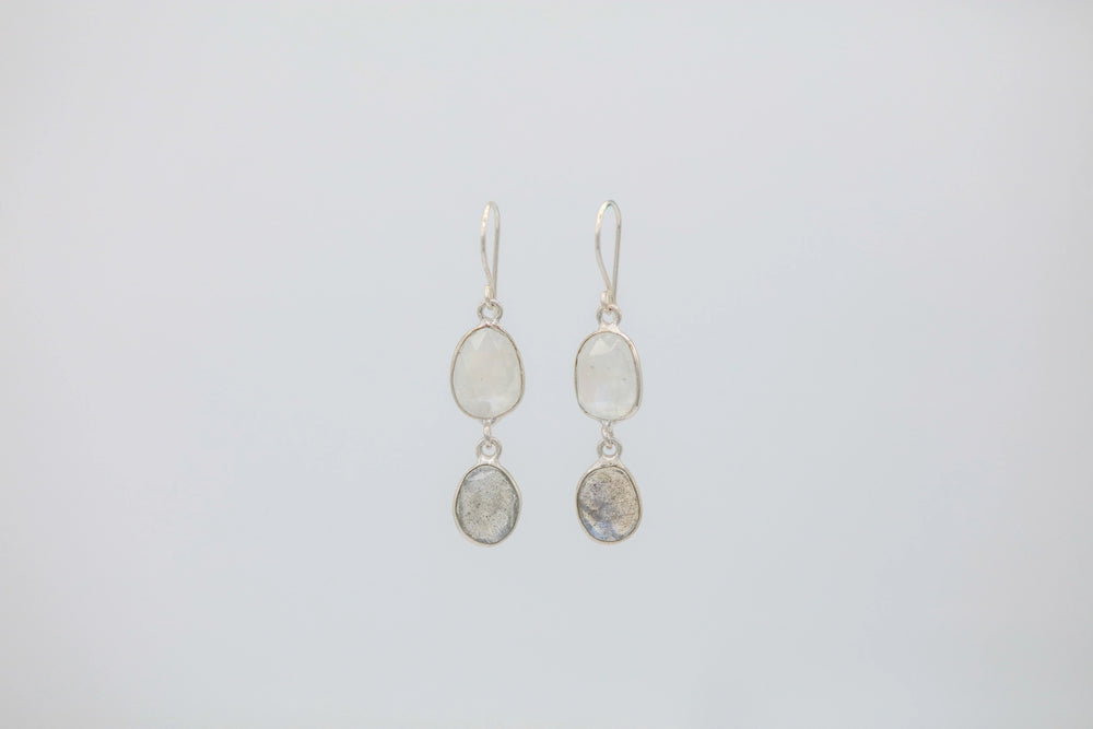 Moonstone & Labradorite Drop Earrings in Silver – view 2