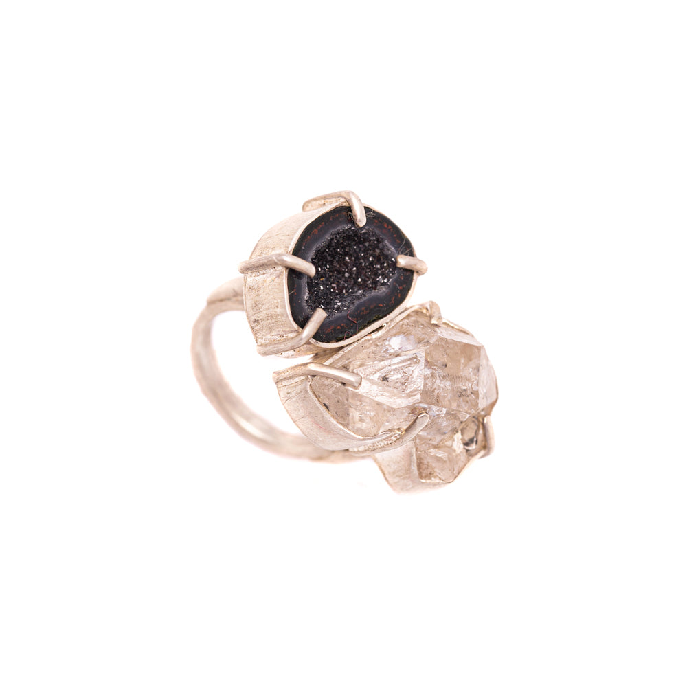 Geode & Herkimer Diamond Double-Stone Ring No. 146 — 2020