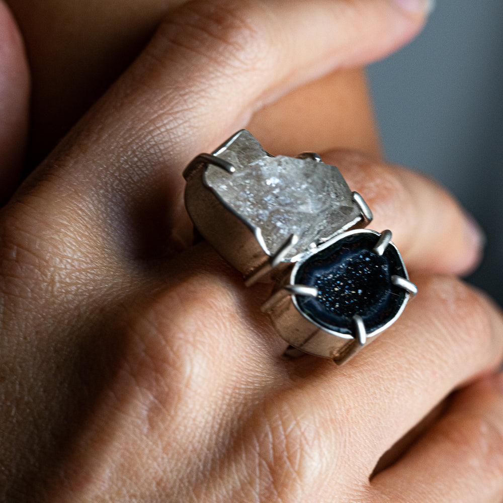Geode & Herkimer Diamond Double-Stone Ring No. 146 — 2020