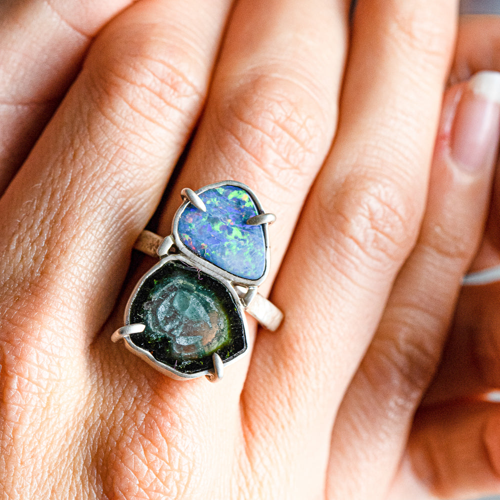 Australian Opal & Watermelon Tourmaline Double Ring — 2020