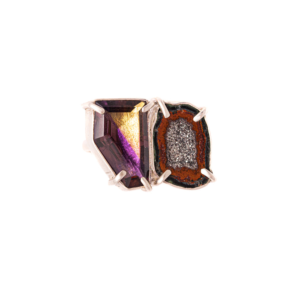 Ametrine & Platinum-Flake Geode Double-Stone Ring — 2020