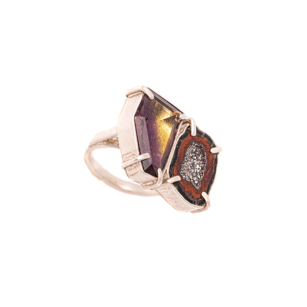Ametrine & Platinum-Flake Geode Double-Stone Ring — 2020