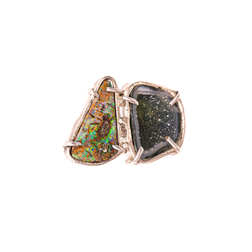 Boulder Opal & Geode Double-Stone Ring No. 155 — 2020