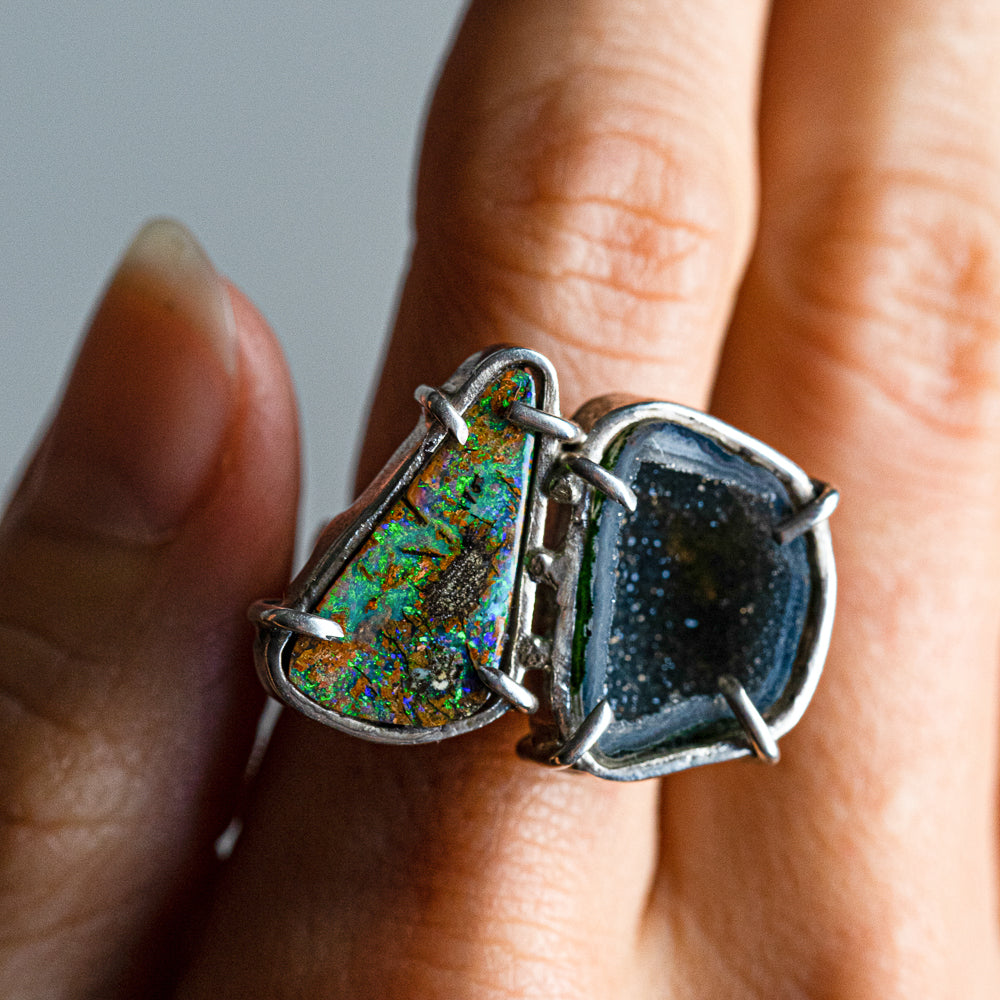 Boulder Opal & Geode Double-Stone Ring No. 155 — 2020