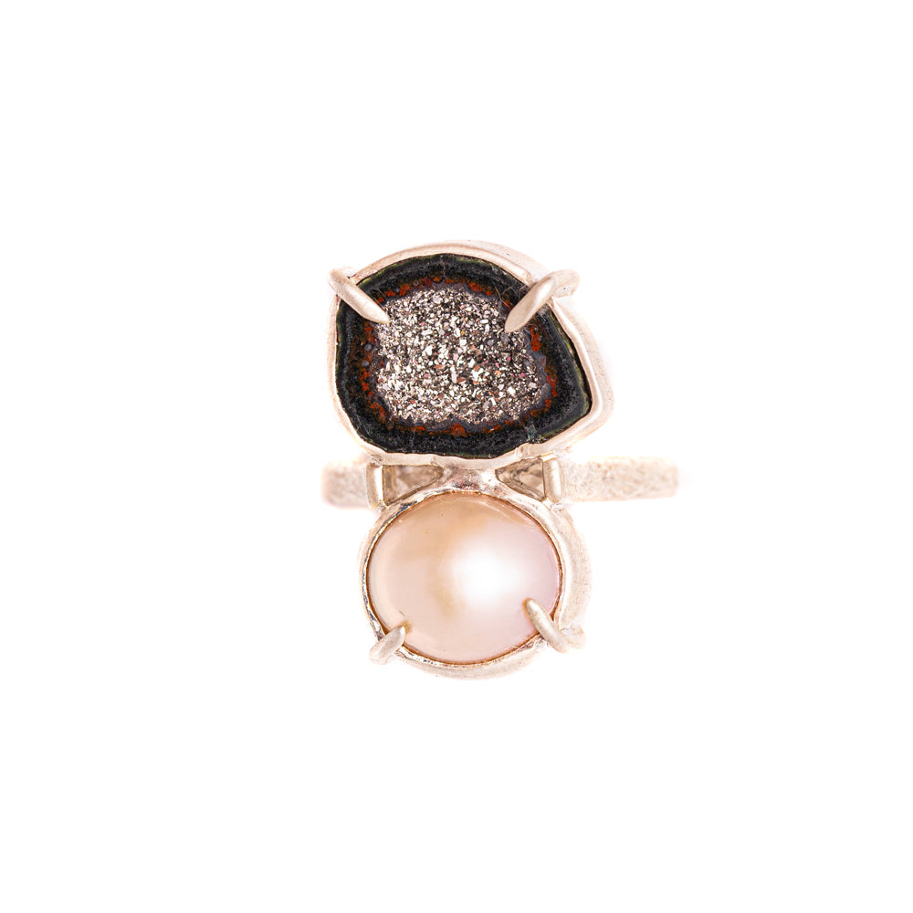 Platinum-Flake Geode & Pink Mabe Pearl Ring — 2020