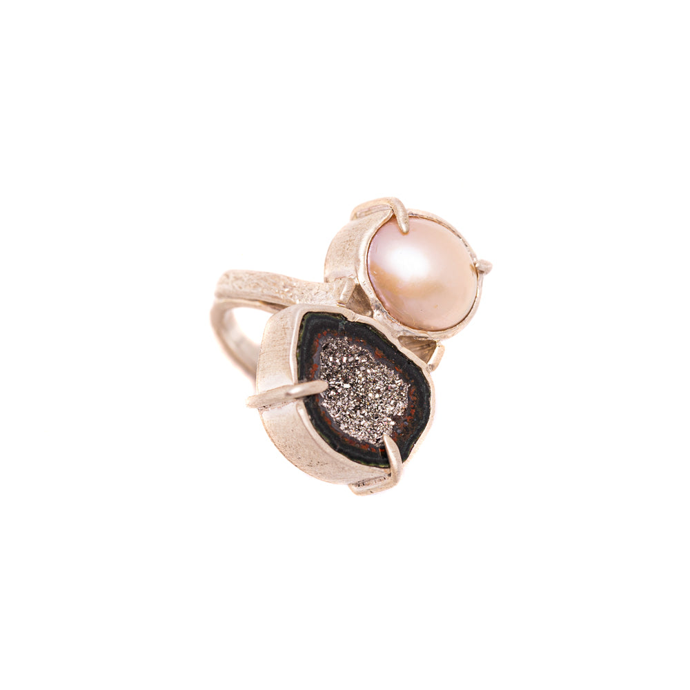 Platinum-Flake Geode & Pink Mabe Pearl Ring — 2020