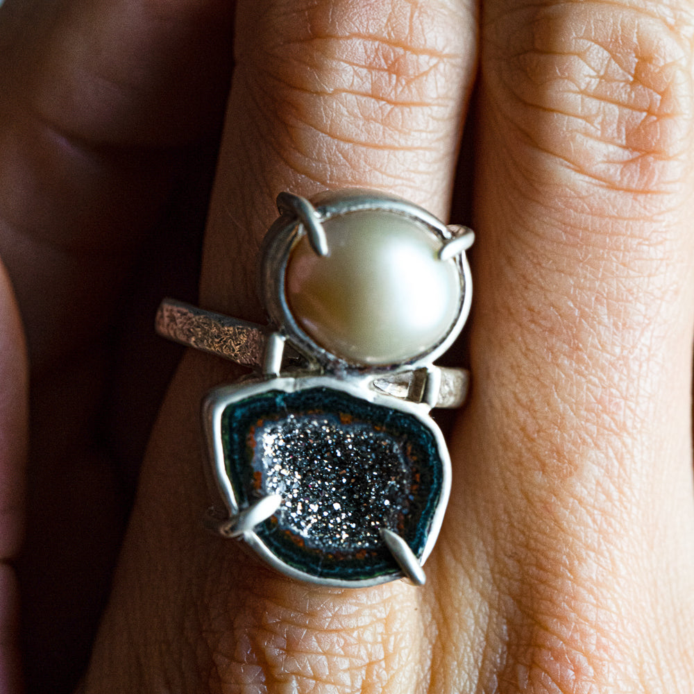 Platinum-Flake Geode & Pink Mabe Pearl Ring — 2020