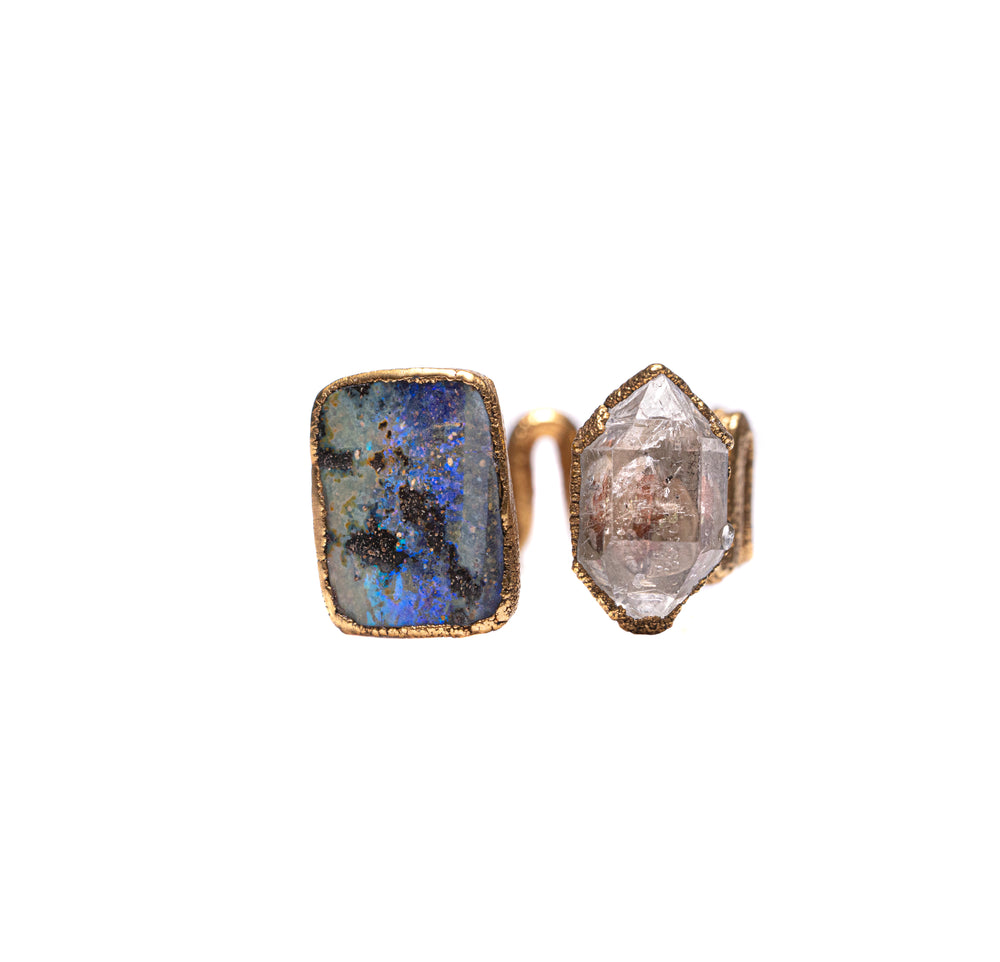 Blue-Fire Opalized Wood & Herkimer Diamond Ring — 2021