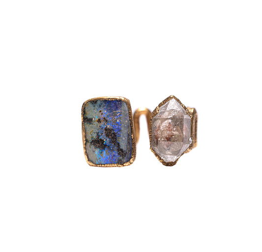 Blue-Fire Opalized Wood & Herkimer Diamond Ring — 2021