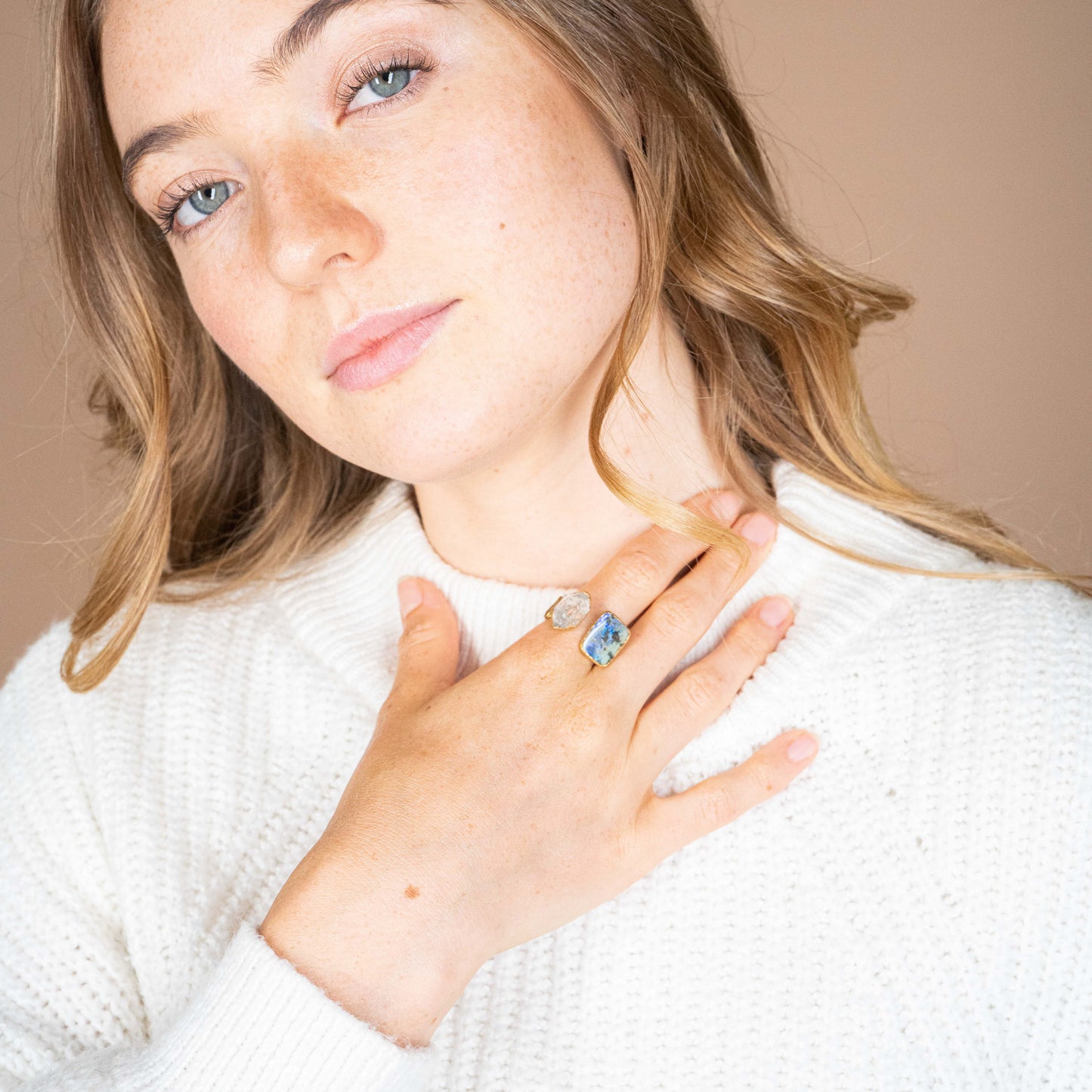 Blue-Fire Opalized Wood & Herkimer Diamond Ring — 2021
