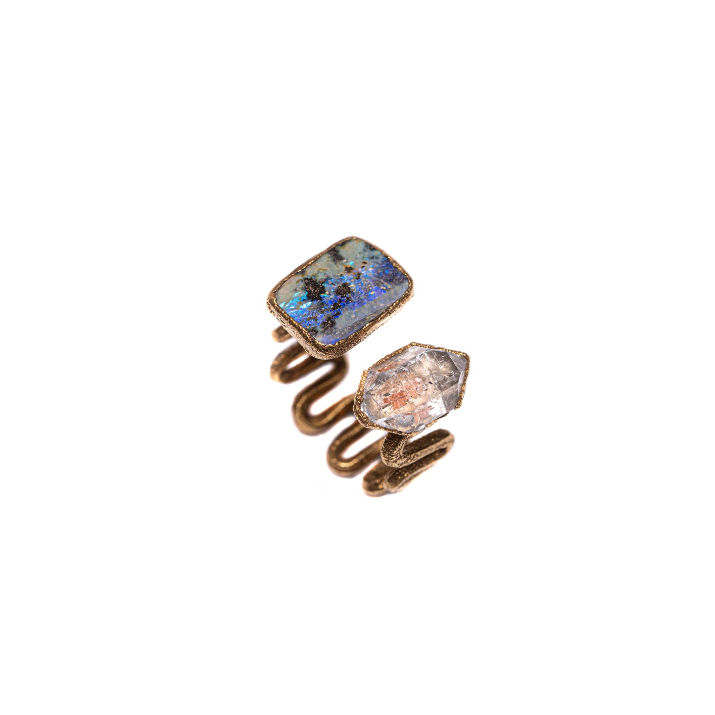 Blue-Fire Opalized Wood & Herkimer Diamond Ring — 2021